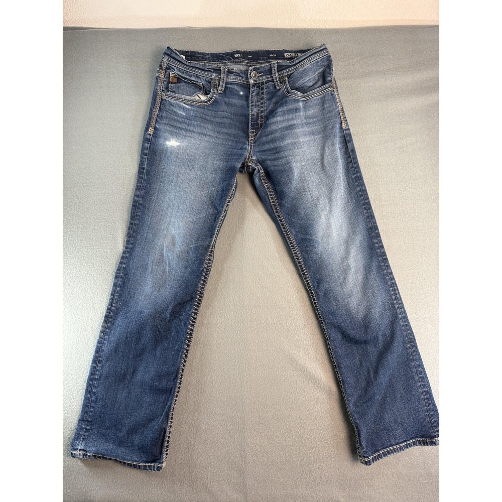 BKE Jake Jeans Mens 36x32 Med Wash Blue Regular Bootcut Stretch Distressed Denim